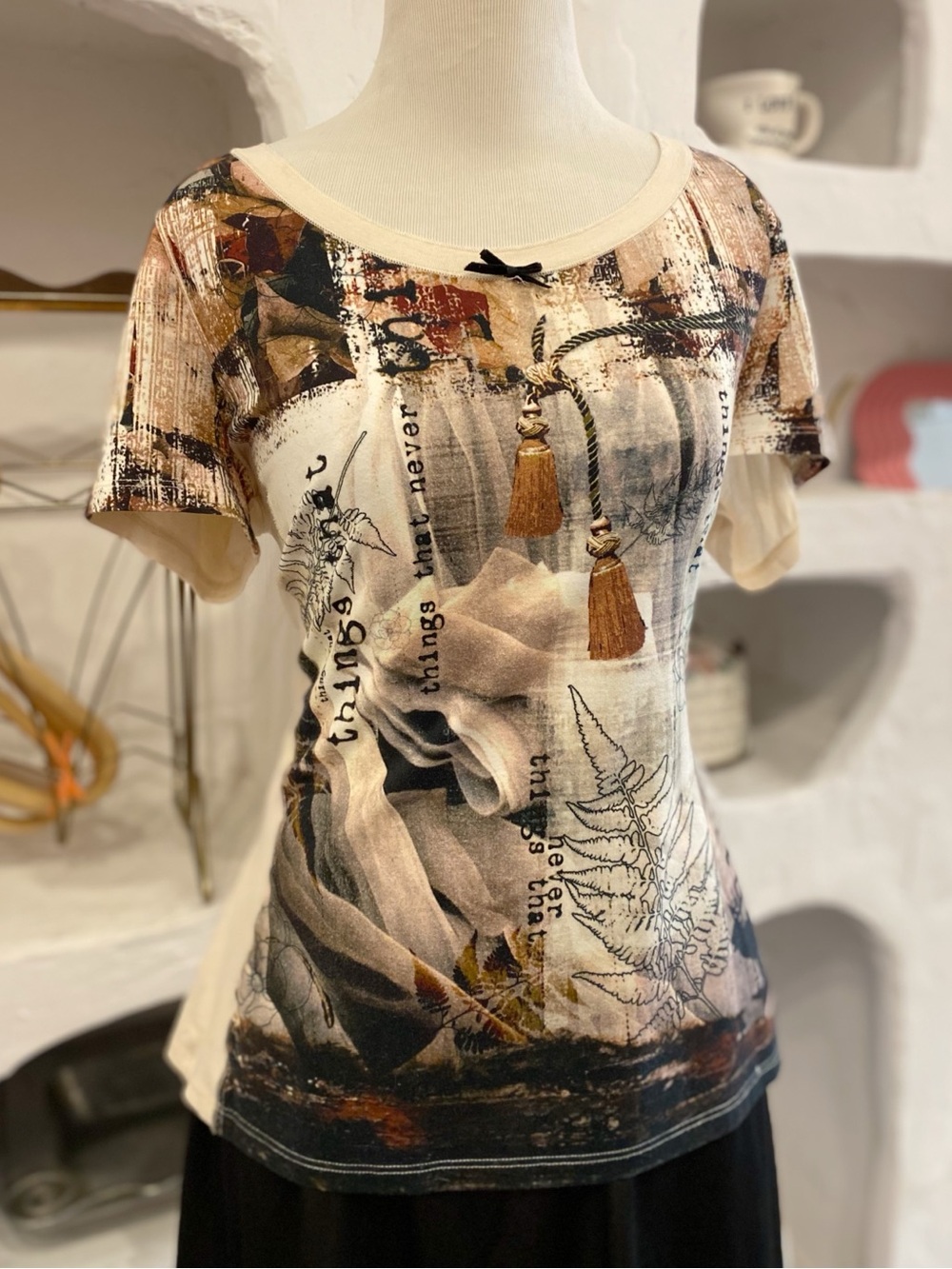 Moody Y2K Style Abstract Word & Photo Cream Collage Tee with Bow Detail